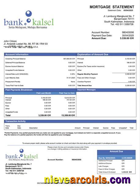 Indonesia Bank Kalsel mortgage statement Word and PDF template